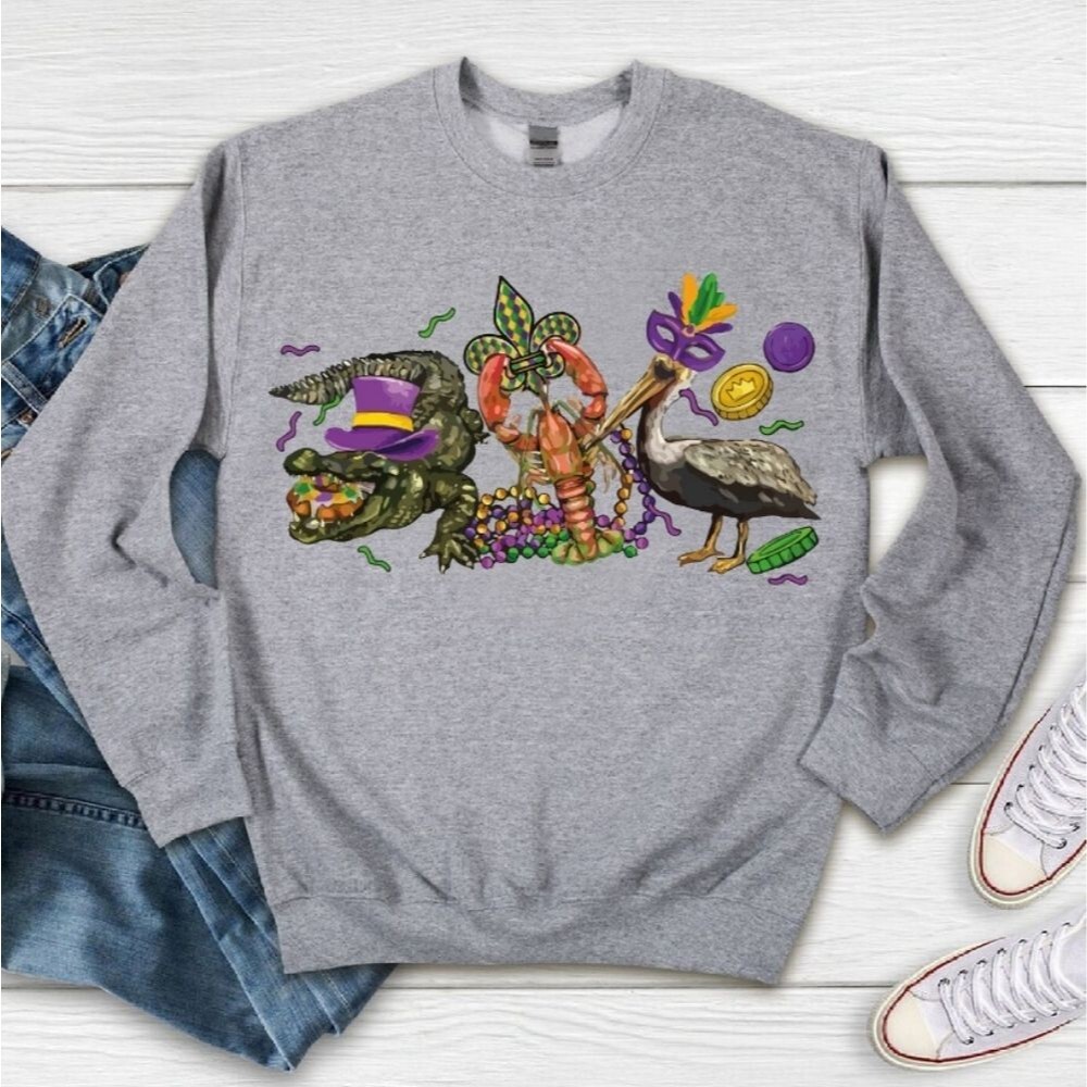 NWOT Mardi Gras Alligator Pellican Crawfish Sweatshirt in Gray, Size Large